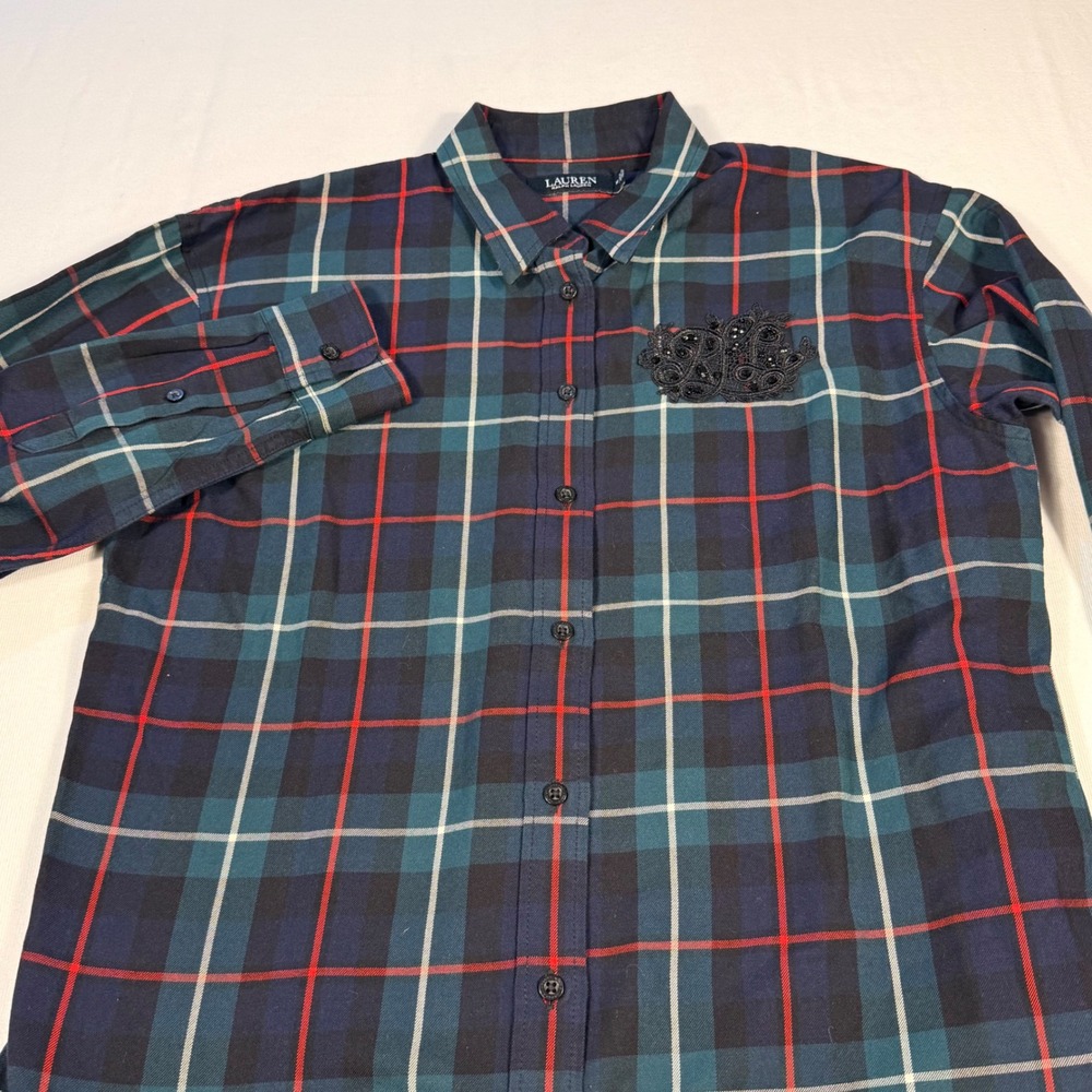 Lauren Ralph Lauren Womens M Plaid Monogram Button Down Dark Academia Preppy - Picture 14 of 16